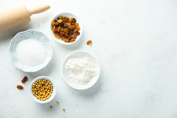 Baking ingredients on a white table