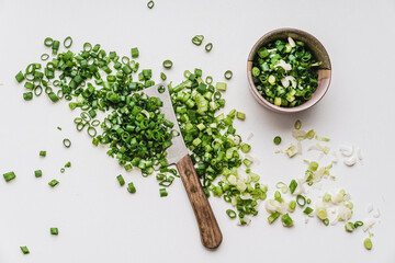 herbs and spices onion leafs green on white background