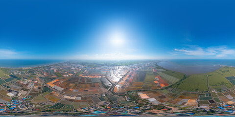 360 panorama by 180 degrees angle seamless panorama of aerial view of natural sea salt ponds. Farm field outdoor. Material in traditional industry in Thailand. Asia culture. Agriculture irrigation.