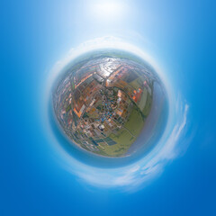 Little planet 360 degree sphere. Panorama of aerial view of natural sea salt ponds. Farm field outdoor. Material in traditional industry in Thailand. Asia culture. Agriculture irrigation.