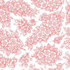 Floral pattern drawn in vintage engraving style. Twigs with flowers and leaves background. Vector illustration