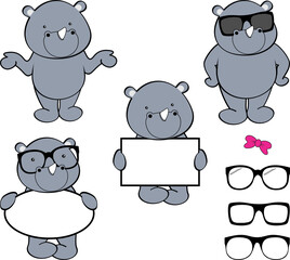 chibi rhino kid cartoon billboard and glasses pack illustration in vector format