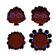 Set of black children's heads with different hairstyles and glasses