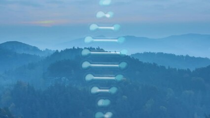 Dna structure spinning against view of landscape with mountains and sunset sky - Powered by Adobe
