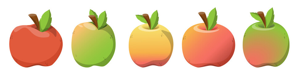 apples of various shapes, summer fruit with a ruddy side, a fruit of green, yellow and red color, an apple with a twig and a leaf