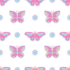 Obraz na płótnie Canvas Daisy flower and butterfly in y2k style. Vector seamless pattern in pink and blue colors. Hand-drawn illustration in flat style for groovy background, wallpaper, fabric, textile.