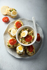 Tuna rillettes with egg and olives	
