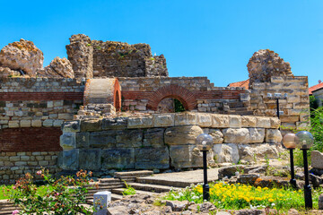 Ancient fortress wall at the entrance of the old town of Nessebar in Bulgaria