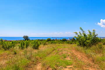 Fototapeta premium Aerial view of Sveti Vlas resort, Nessebar peninsula and the Black Sea in Bulgaria