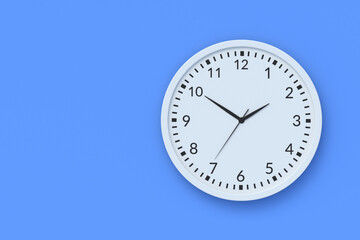 Stylish wall clock on blue background. Time management. Coffee break. Home accessories. Top view. Copy space. 3d render
