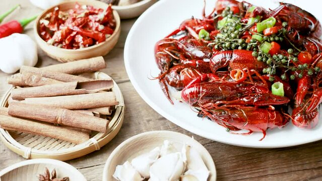 Crayfish. Red boiled crawfishes on table in rustic style,  Lobster closeup.