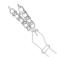 A hand holds skewers with kebabs drawn in one continuous line. Isolated stock vector illustration.