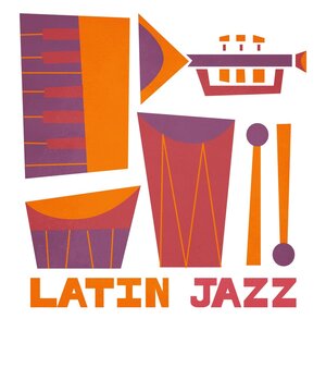 I love the jazz art and design from the 50s and 60s and its typography. This retro design is my homage to the great era of music. Get this Latin Jazz design featuring piano, bongos, congas, trumpet.