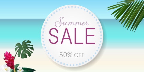 Round frame summer sale banner, tropical sea vector illustration background, palms