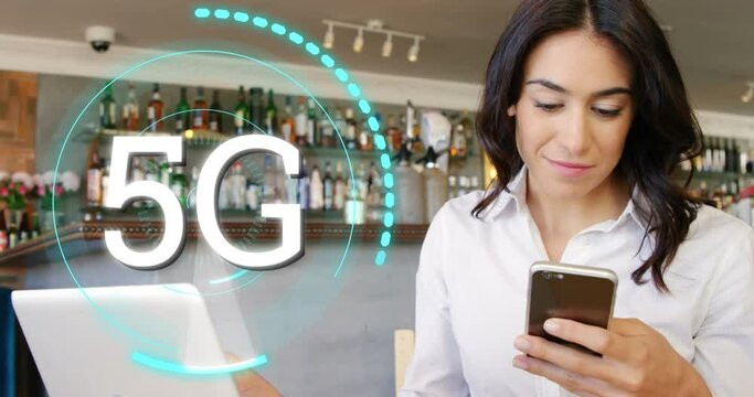 5g text over neon round scanner against portrait of caucasian wpman talking on smartphone