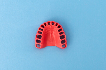 human gums without teeth model medical implant isolated on blue background. Healthy teeth, dental care and orthodontic concept.