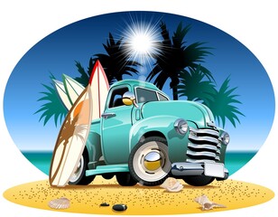 Vector cartoon retro pickup on beach