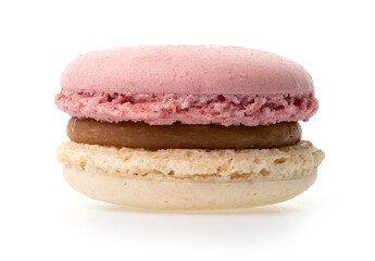 Rose beige macaron with brown filling on isolated white background, side view