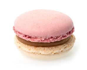 Rose beige macaron with brown filling on isolated white background