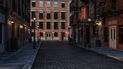 Fototapeta na wymiar Dark moody film noir style retro city street. 3D rendering.