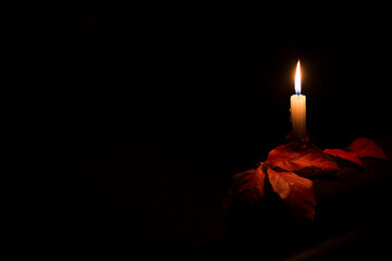 Burning candle with red leaves over indoor dark background