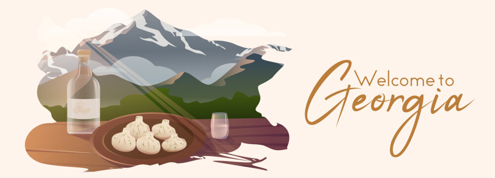 Welcome to Georgia. Travel. Vacation. Mountain View. Khinkali and chacha. Vector. Poster, Banner, Web, postcard, calendar.