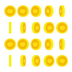 Cute piggy bank gold coin rotating. Animation sprite sheet isolated on white background