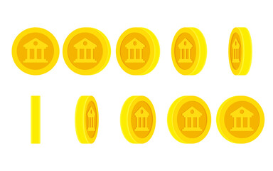 Cartoon bank building coin rotating. Animation sprite sheet isolated on white background