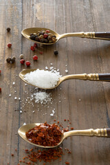 Herbs and spices on a wooden board. Spice spoon. chili pepper flakes salt and pepper