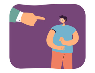 Finger pointing at scared worker. Angry employer firing or reproaching employee flat vector illustration. Career, unemployment, conflict concept for banner, website design or landing web page