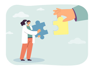 Tiny woman and huge hand holding pieces of puzzle. Female character finding solution to problem, flat vector illustration. Communication, teamwork concept for banner, website design or landing page