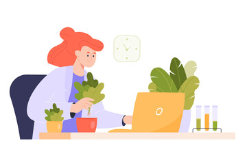 Botanist or biologist doing research about plants at laptop. Woman holding plant with root flat vector illustration. Nature, biology, botany concept for banner, website design or landing web page - obrazy, fototapety, plakaty