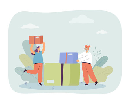 Tiny female character with big cardboard boxes. Women moving to new house or getting parcels flat vector illustration. Delivery or moving service concept for banner, website design or landing web page