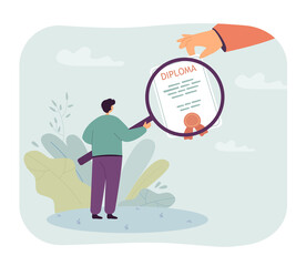 Employer or manager examining diploma under magnifying glass. Big hand of candidate holding certificate flat vector illustration. Recruitment, education concept for banner or landing web page
