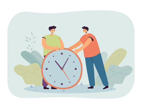 Two office workers with big clock as symbol of deadline. Men with timer or stopwatch flat vector illustration. Time management, organization concept for banner, website design or landing web page
