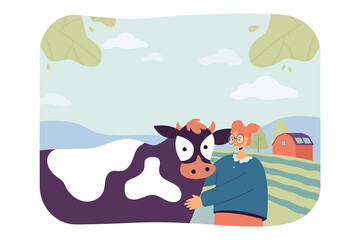 Cartoon woman hugging cow. Female character with domestic animal on farm flat vector illustration. Agriculture, farming concept for banner, website design or landing web page