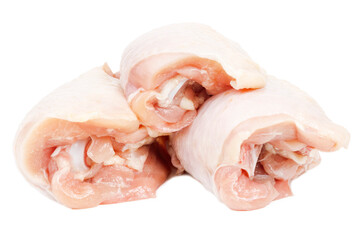 Raw chicken meat on a white background, broiler thigh.