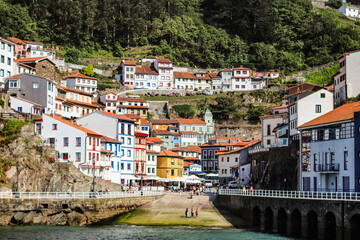 Fototapeta na wymiar Puerto de Cudillero, con el pueblo de Cudillero en el fondo, Asturias, España