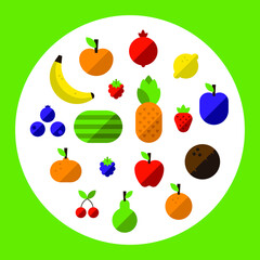 set of icon fruits, flat 2D, vectorial geometric simple illustration