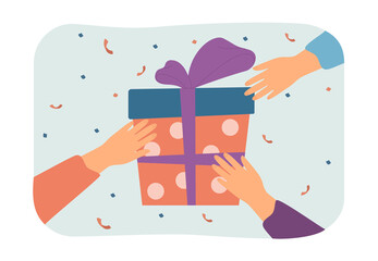 Hands reaching towards big gift box with confetti. People touching present box with reward flat vector illustration. Celebration, decoration, prize concept for banner, website design or landing page