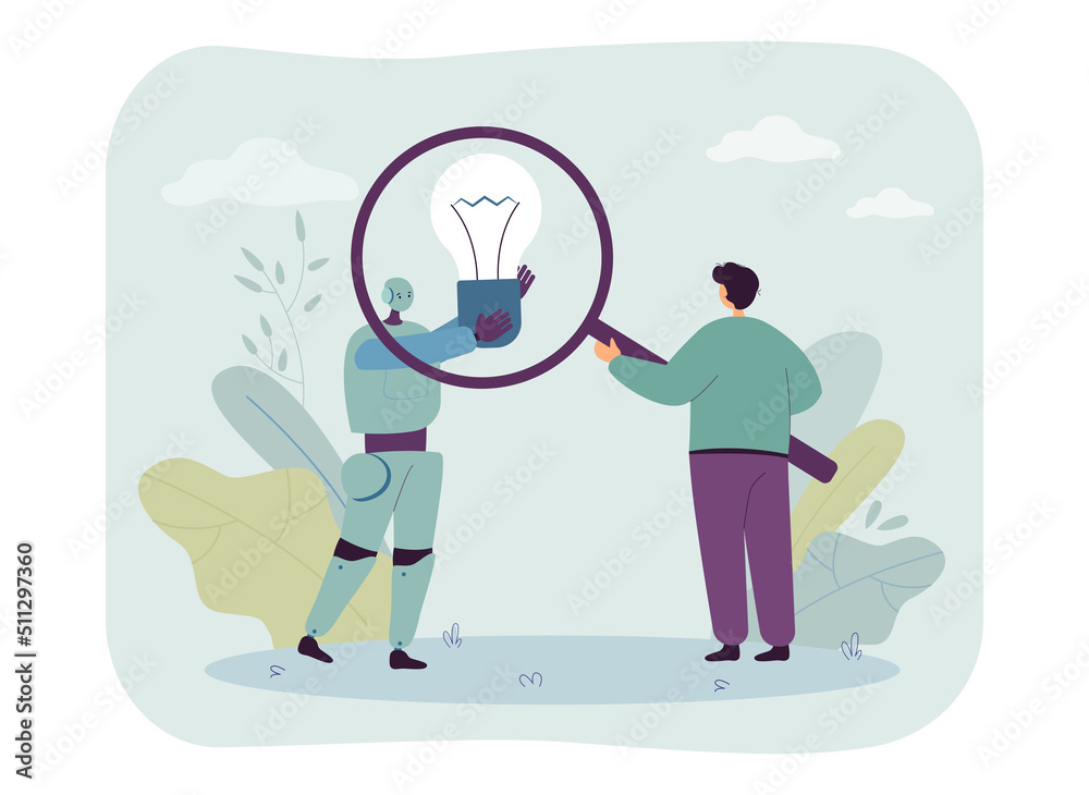 Poster man searching for idea and robot character holding lightbulb. male character examining cyborg with m