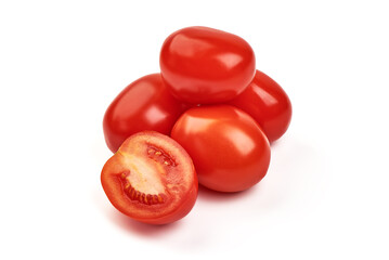 Fresh plum tomatoes, close-up, isolated on white background.