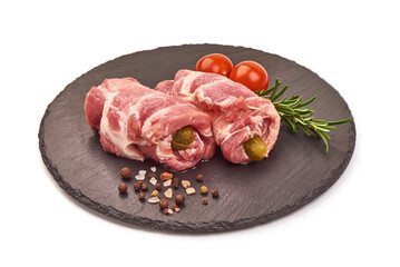 Fresh meat rolls, wrapped meat, isolated on white background.