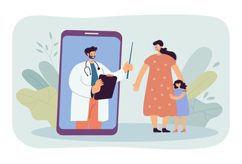 Online doctor on big phone screen consulting mother and daughter. Appointment or medical examination via mobile app flat vector illustration. Technology, medicine, healthcare concept for banner