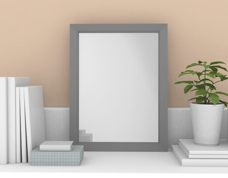 Picture frame on a shelf with decoration, 3D rendering, 3D illustration