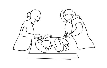 Female doctors and residents provide emergency medical care to the patient continuous one line vector illustration. Ambulance outline art