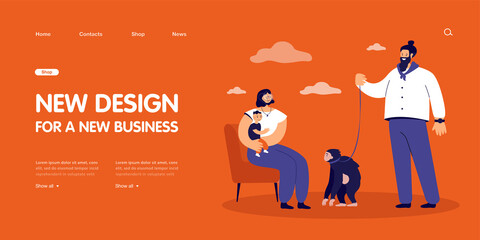 Cartoon man with monkey on leash next to mother with baby. Woman looking at exotic pet, contact zoo flat vector illustration. Family, wild animals concept for banner, website design or landing page