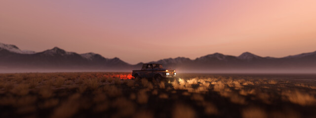 Pickup truck left on a vast plain with dry grass and mountains on the horizon at sunset. 3D render. - obrazy, fototapety, plakaty
