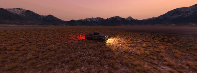 Pickup truck left on a vast plain with dry grass and mountains on the horizon at sunset. 3D render. © ysbrandcosijn