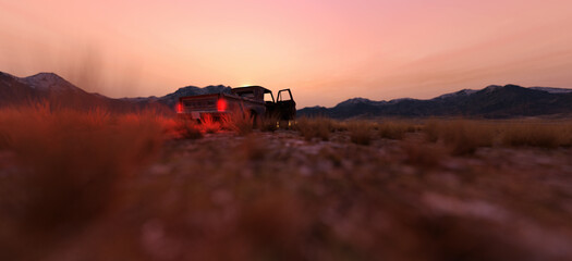 Pickup truck left on a vast plain with dry grass and mountains on the horizon at sunset. 3D render. © ysbrandcosijn